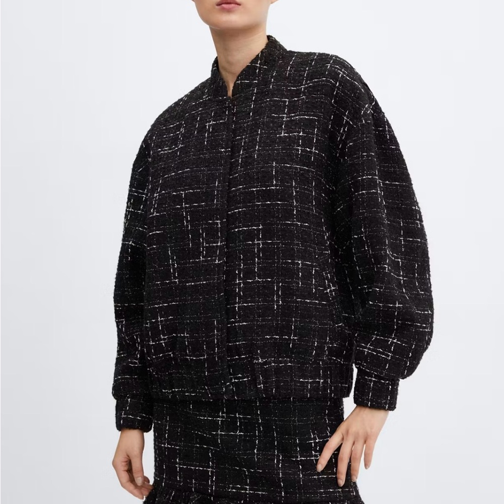 Mango Black Tweed Bomber Jacket with White Windowpane
